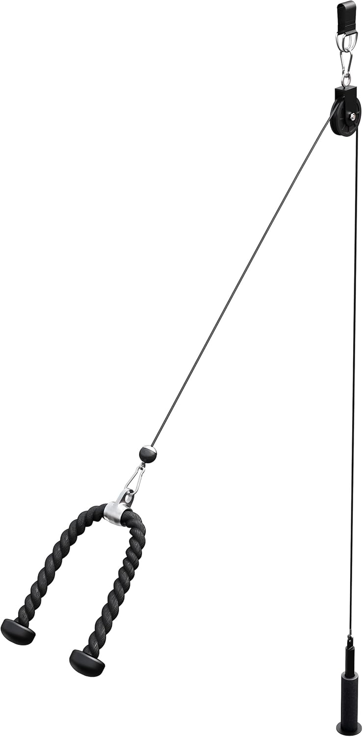 GORILLA SPORTS® Kabelkabel, fitnesssysteem, 2 m stalen kabel, katrol, triceps-touw, Olympische laadstift, halterschijfhouder, tot 150 kg, zwart - kabelaccessoires, home gym apparatuur
