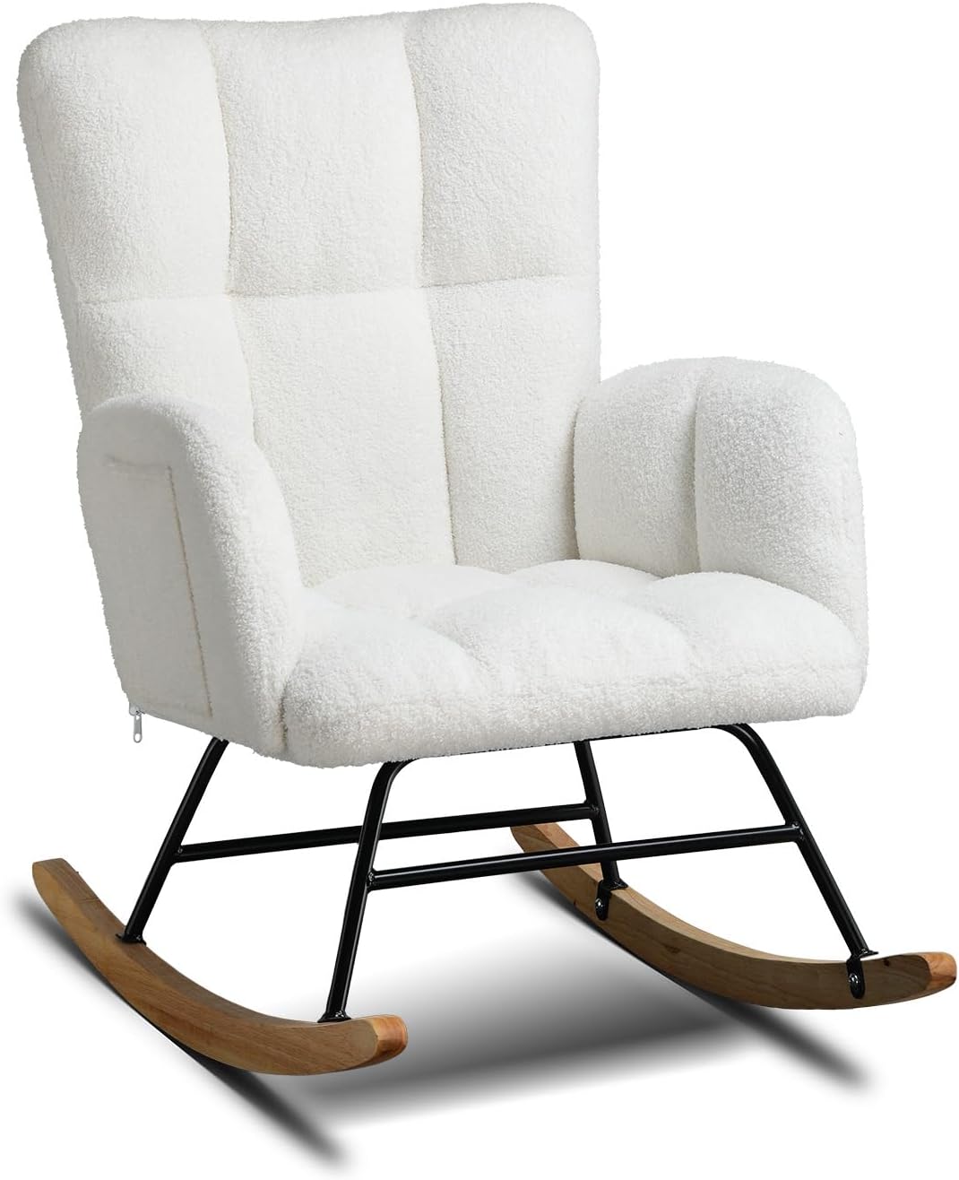 COMHOMA Schommelstoel, relaxstoel met armleuningen, oorfauteuil van teddypluche, schommelstoel, tot 150 kg belastbaar, zonneligstoel, tuinligstoel voor slaapkamer, woonkamer, stijlvol design, wit