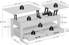 Rolanstar Salontafel in hoogte verstelbaar, houten salontafel met opbergruimte, woonkamertafel in hoogte verstelbaar, tafel woonkamer met lade, wit