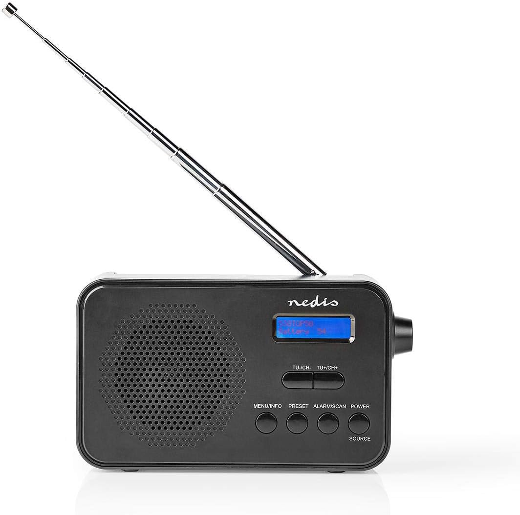 Nedis - DAB + radio - Draagbare uitvoering - DAB+ / FM - 1.3" - Wekker - Werkt op batterijen - Digitaal - 3.6 W - Hoofdtelefoonuitgang - Sleep Timer - Zwart