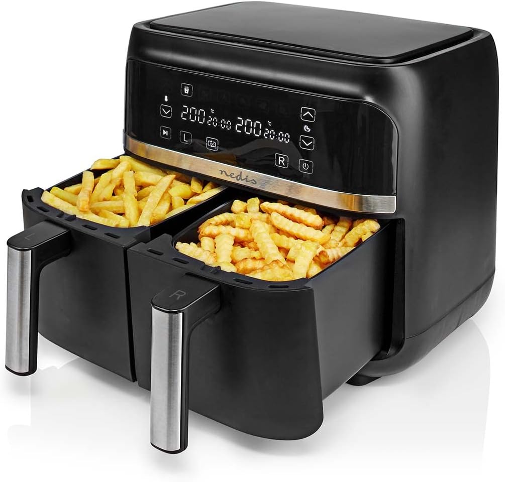 Nedis - Heteluchtfriteuse - Twee aparte manden - High-speed circulatietechnologie - 40-200°C - Timer voor 1-60 minuten - Oververhittingsbeveiliging - 2x3.8 L - SYNC functie - Zwart •