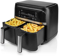 Nedis - Heteluchtfriteuse - Twee aparte manden - High-speed circulatietechnologie - 40-200°C - Timer voor 1-60 minuten - Oververhittingsbeveiliging - 2x3.8 L - SYNC functie - Zwart •