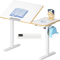 FLEXISPOT Kinderbureau in hoogte verstelbaar elektrisch 110 × 52 cm, wit, met led-hoogteweergave, 3 geheugenplaatsen, kantelbaar tafelblad en haken
