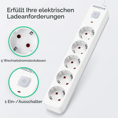 Aigostar Stekkerdoos, stekkerdoos met 5 stopcontacten met schakelaar, 5 m kabel, wit