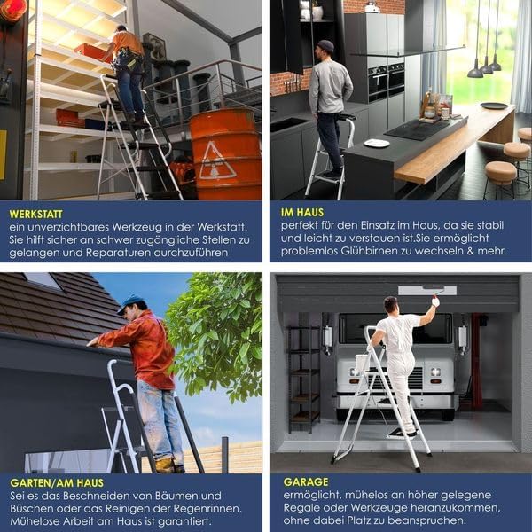 MASKO® Trapladder, vouwladder met 2 treden, belastbaar tot 150 kg, antislip, incl. handschoenen, gereedschapshouder en automatisch slot, wit
