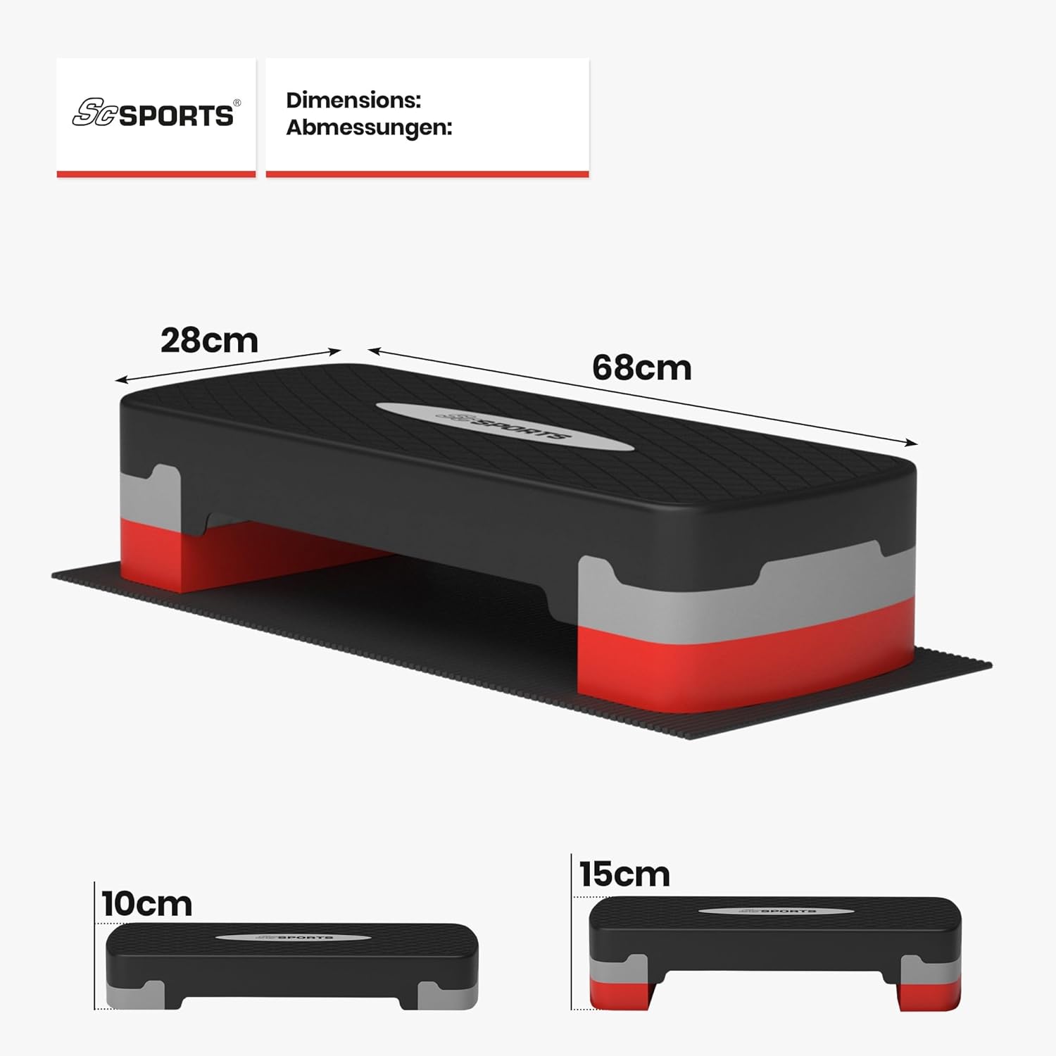 ScSPORTS® Stepper - in hoogte verstelbaar, 2 treden (10/15 cm), met mat, antislip, tot 120 kg, zwart - aerobic stepboard, stepboard voor thuis, fitness, full-body training