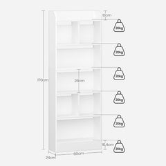 Hzuaneri BC11103X Boekenkast, boekenkast met 6 vakken, opbergrek, staand rek, voor woonkamer, kantoor, slaapkamer, 24 x 60 x 170 cm, wit