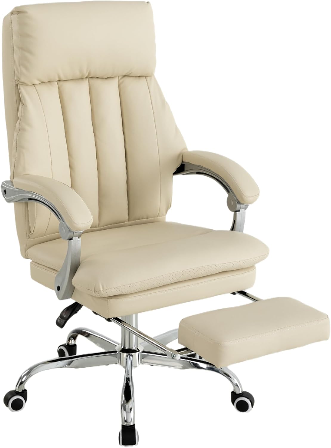 UEV Zachte Ergonomische Stoel met Voetsteun, Stoel van PU-leer combineert comfort en functionaliteit, Relaxfauteuil met Dik Kussen, 63 x 61,5 x (115-124) cm, Beige