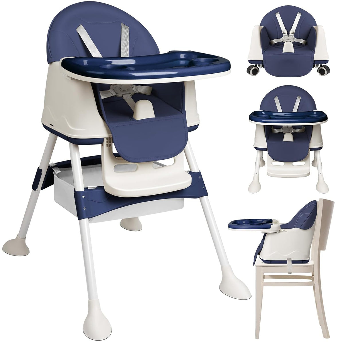 Ferghana 4-in-1 kinderstoel voor baby's, kinderstoel met afneembaar dienblad, babystoel met onderste opbergvak en wielen, in hoogte verstelbare kinderstoel met 5-punts riem, blauw
