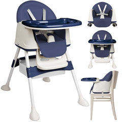 Ferghana 4-in-1 kinderstoel voor baby's, kinderstoel met afneembaar dienblad, babystoel met onderste opbergvak en wielen, in hoogte verstelbare kinderstoel met 5-punts riem, blauw