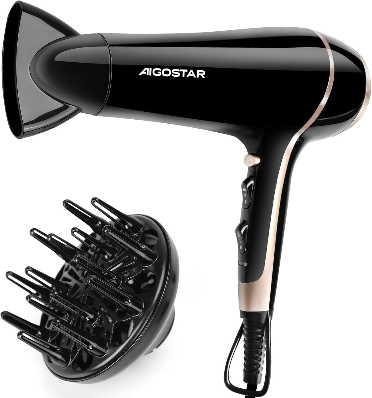 Aigostar Ionen-föhn, 2400 W, professionele haardroger met diffuser voor krullen | Sneldrogend, koude luchtknop, oververhittingsbeveiliging, 3 warmtestanden en 2 ventilatorstanden, voor thuis en styling