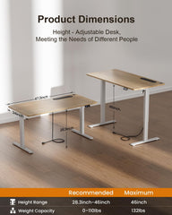 HLDIRECT Elektrisch staand bureau met stopcontacten, 120x60cm, esdoorn, 60kg