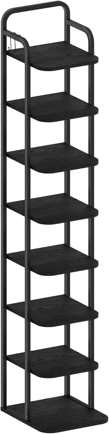 Hzuaneri SR04304B Verticaal schoenenrek, 8 verdiepingen, schoenentoren voor kleine ruimtes, vrijstaand, verstelbaar, ruimtebesparend, zwart