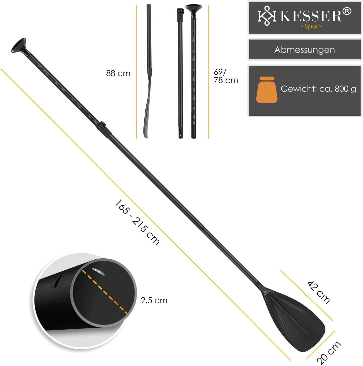 KESSER® Paddle - 3-delig voor kajak SUP stand-up paddling board, steekpeddel, verstelbare telescopische peddel, 165 cm - 215 cm aluminium voor stand-up peddel, kajakken, surfboard, boot, anti-slip