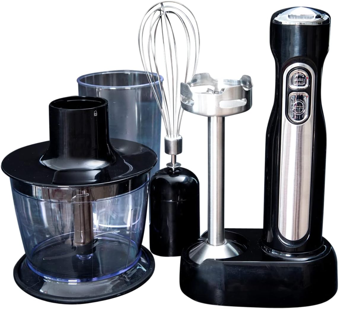 Gastronoma 18210002 Draadloze accu-staafmixerset, 3-in-1 hakmolen, garde, pureerstaaf, perfect voor het draadloos mixen van sauzen en soepen, snel en efficiënt, roestvrij staal, zwart