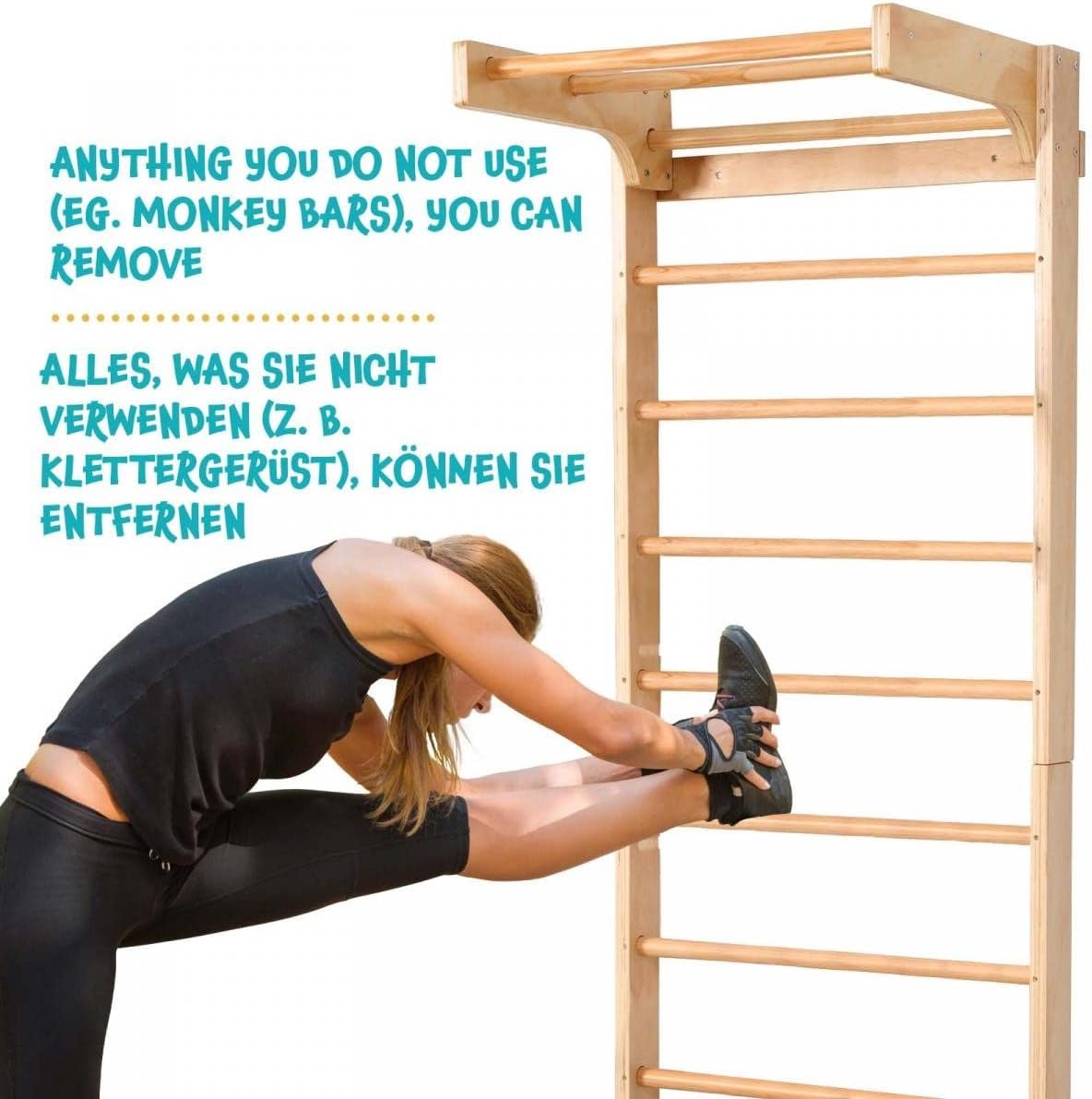 Physionics® Wandset voor kinderen/volwassenen, incl. optrekstang/ringen/trapezium/trapezium/trapezium/touwladder, van hout, tot 100 kg, indoor - klimwand, klimrek, turnwand, Zweedse ladder