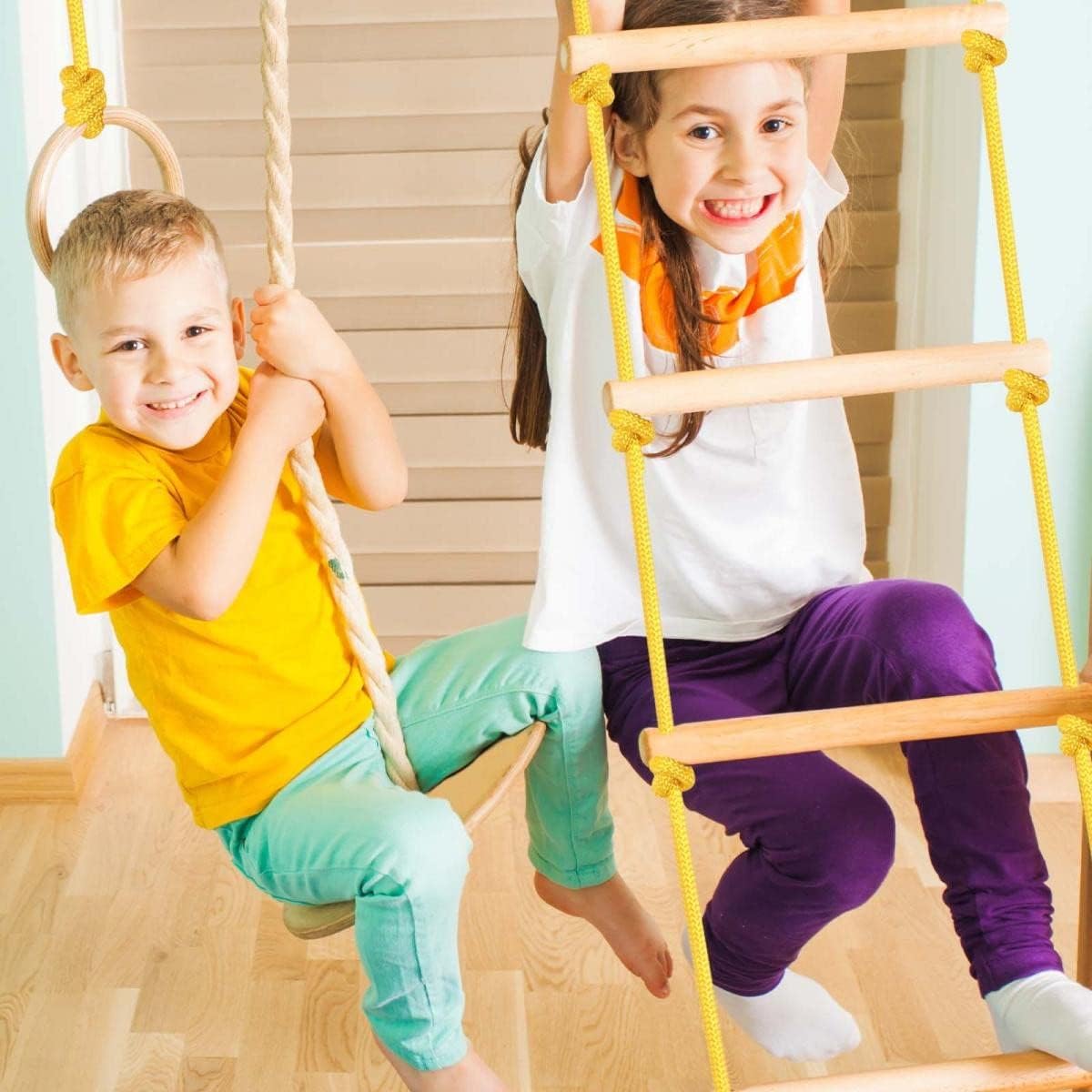 Physionics® Wandset voor kinderen/volwassenen, incl. optrekstang/ringen/trapezium/trapezium/trapezium/touwladder, van hout, tot 100 kg, indoor - klimwand, klimrek, turnwand, Zweedse ladder