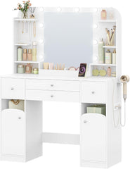 Hzuaneri Make-uptafel met ledverlichting, met stekker en föhnhouder, groot tafelblad 108 cm, make-uptafel met 2 grote laden met sieradenplank, 2 kasten, 40 x 108 x 144 cm, wit DT41503XEU