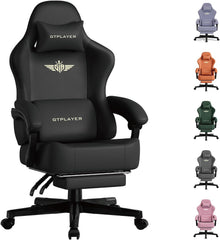 GTPLAYER Gaming stoel, ademende bureaustoel, ergonomisch, hoogwaardig kunstleer, ergonomische pc-stoel, 160° verstelbare rugleuning en uittrekbare voetensteun, draagkracht 180 kg, zwart