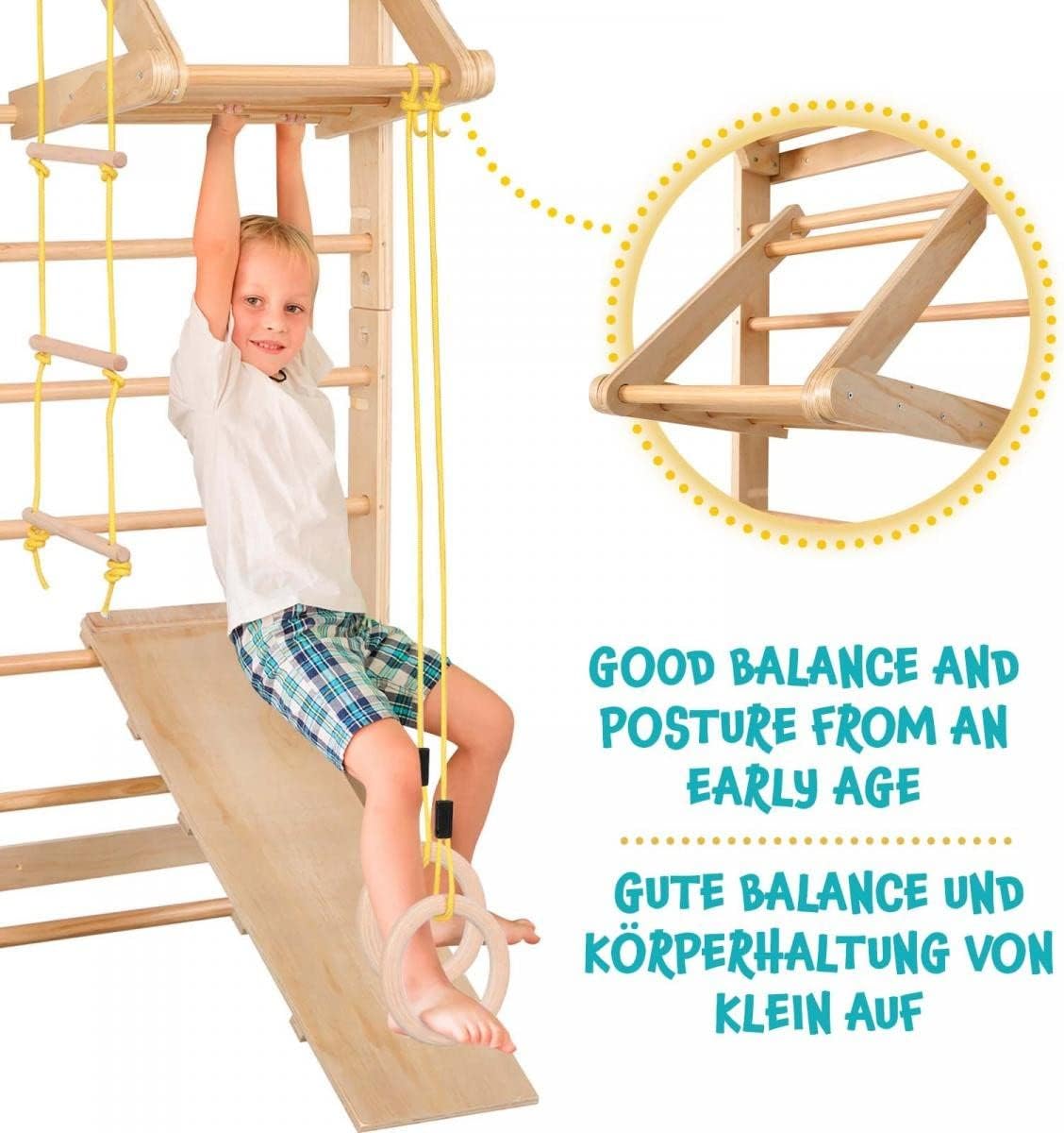 Physionics® Wandset voor kinderen/volwassenen, incl. optrekstang/ringen/trapezium/trapezium/trapezium/touwladder, van hout, tot 100 kg, indoor - klimwand, klimrek, turnwand, Zweedse ladder