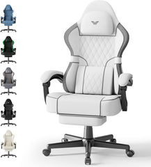Ferghana Gamingstoel, ergonomisch, gamerstoel met verstelbare hoofdsteun en lendenkussen, armleuningen, voetensteun, racing pc-stoel voor kantoor gaming (wit, katoen-linnen)