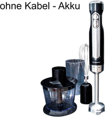 Gastronoma 18210002 Draadloze accu-staafmixerset, 3-in-1 hakmolen, garde, pureerstaaf, perfect voor het draadloos mixen van sauzen en soepen, snel en efficiënt, roestvrij staal, zwart
