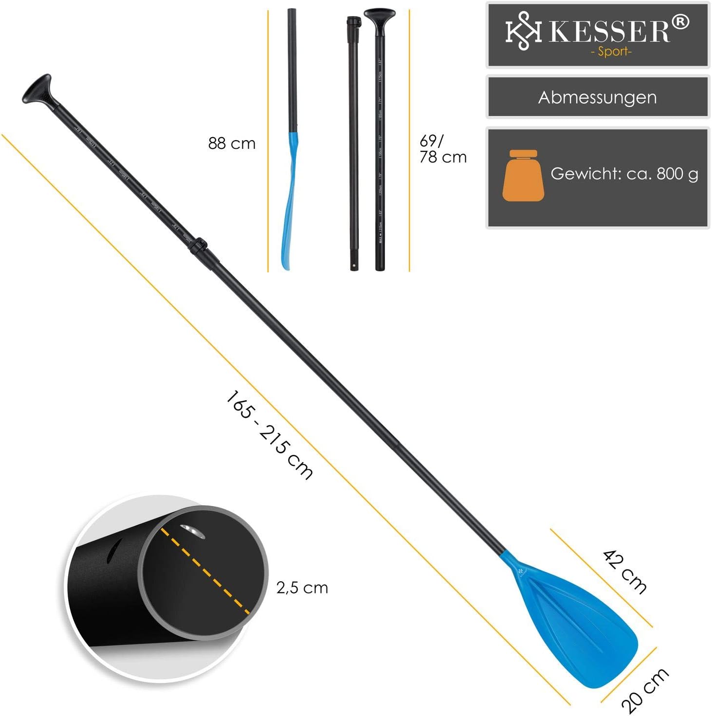 KESSER® Paddle - 3-delig voor kajak SUP stand-up paddling board, steekpeddel, verstelbare telescopische peddel, 165 cm - 215 cm aluminium voor stand-up peddel, kajakken, surfboard, boot, anti-slip