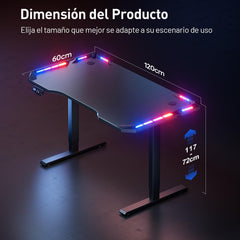 SOLAVERO LED Elektrisch Gamingbureau, 120 x 60 cm, met 2 geheugenfuncties, blad van koolstofvezel, in hoogte verstelbare tafel, zwart •