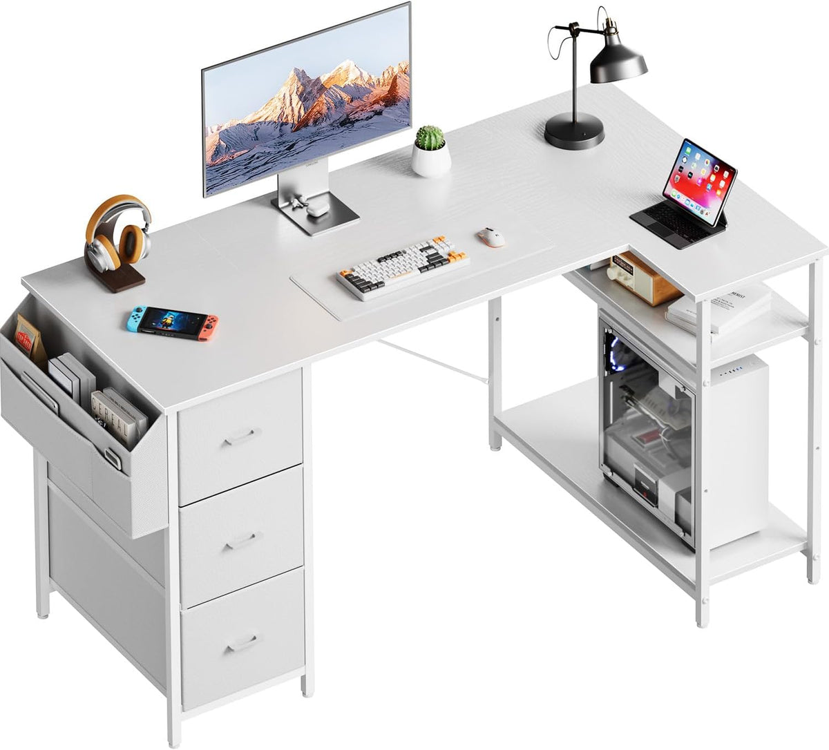 HLONONE Hoekbureau met 3 stoffen laden, 120 x 80 cm, computertafel met opbergruimte, bureau L-vorm met zijvak, pc-tafel met opbergvakken voor kantoor, gaming en thuiskantoor, wit •