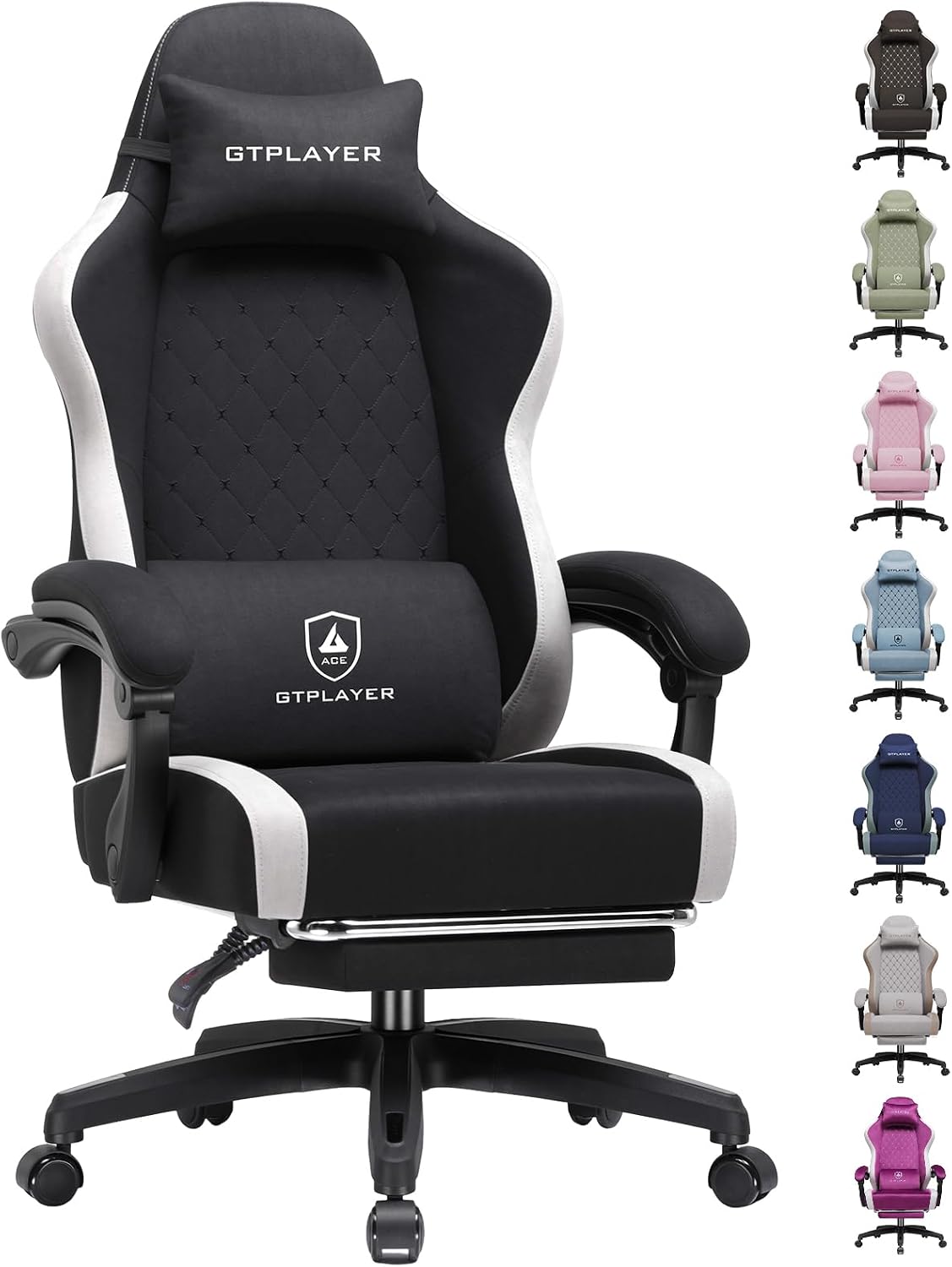 GTPLAYER Gamingstoel, ergonomische pc-stoel, ademende stof, grote en hoge draaibare bureaustoel met voetsteun, verstelbare lendensteun en hoofdsteun, zwart