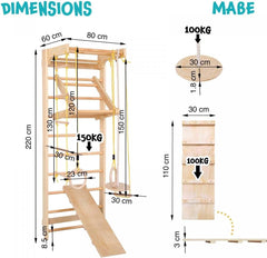 Physionics® Wandset voor kinderen/volwassenen, incl. optrekstang/ringen/trapezium/trapezium/trapezium/touwladder, van hout, tot 100 kg, indoor - klimwand, klimrek, turnwand, Zweedse ladder