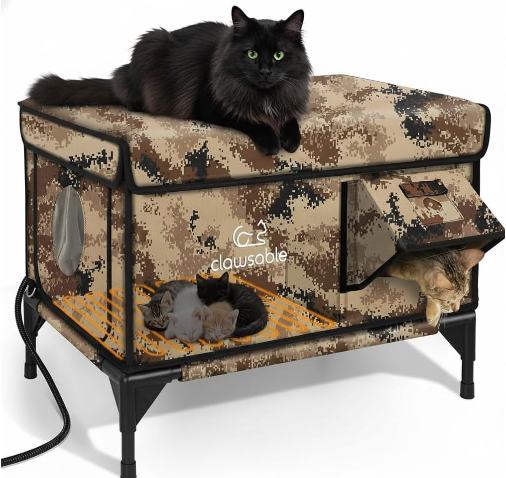 Onverwoestbaar verwarmd buitenkattenhuis voor de winter, 100% waterdicht, veilige ontsnappingsdeur, geïsoleerde buitenkattenopvang met verwarming voor wilde schuurkatten, katten, kittens (woestijncamouflage)