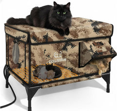 Onverwoestbaar verwarmd buitenkattenhuis voor de winter, 100% waterdicht, veilige ontsnappingsdeur, geïsoleerde buitenkattenopvang met verwarming voor wilde schuurkatten, katten, kittens (woestijncamouflage)