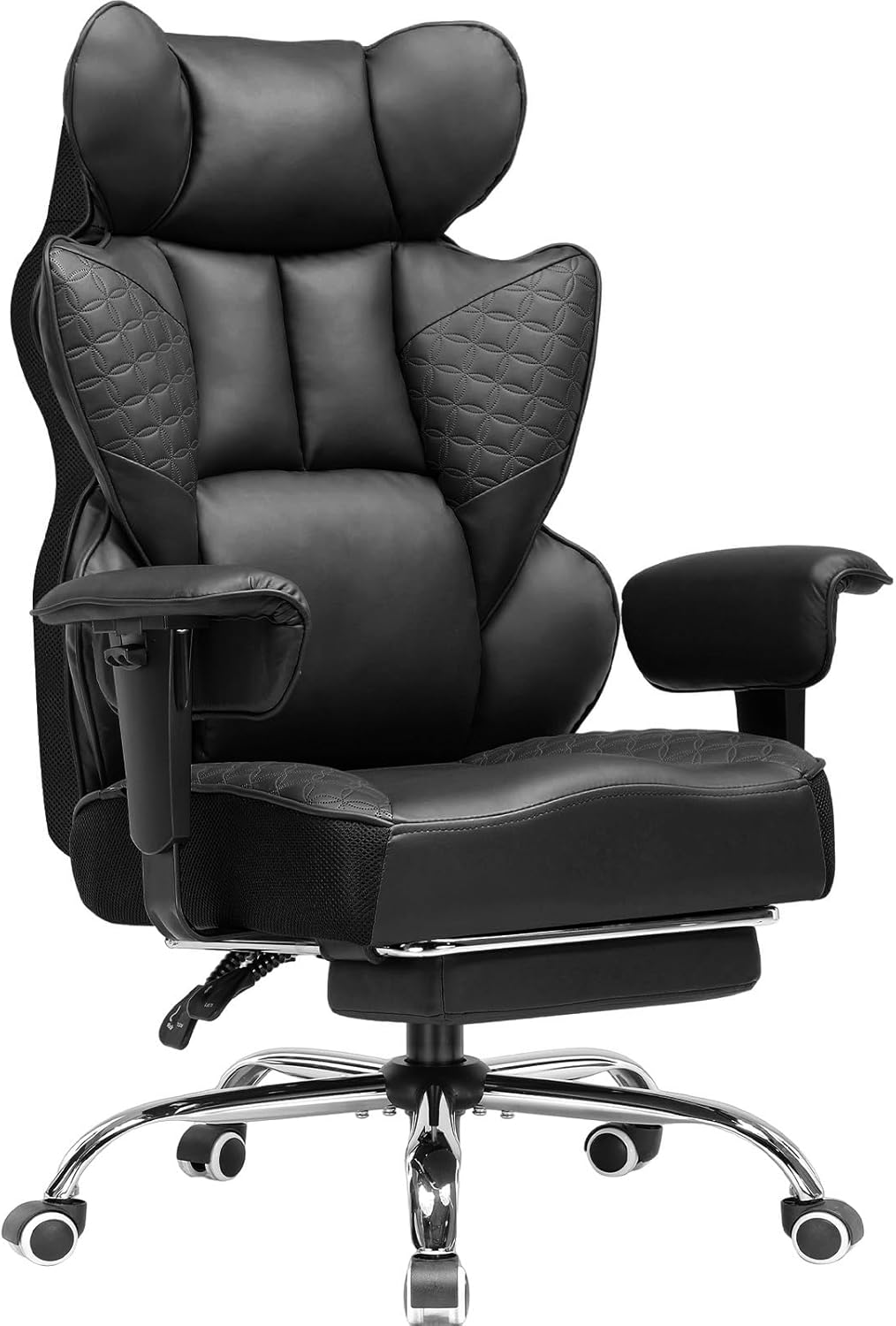 COMHOMA Gamingstoel, ergonomische bureaustoel, bureaustoel met verstelbare armleuningen, pocketvering lendensteun voor grote en hoge personen, 150 kg, breed zitvlak, zwart