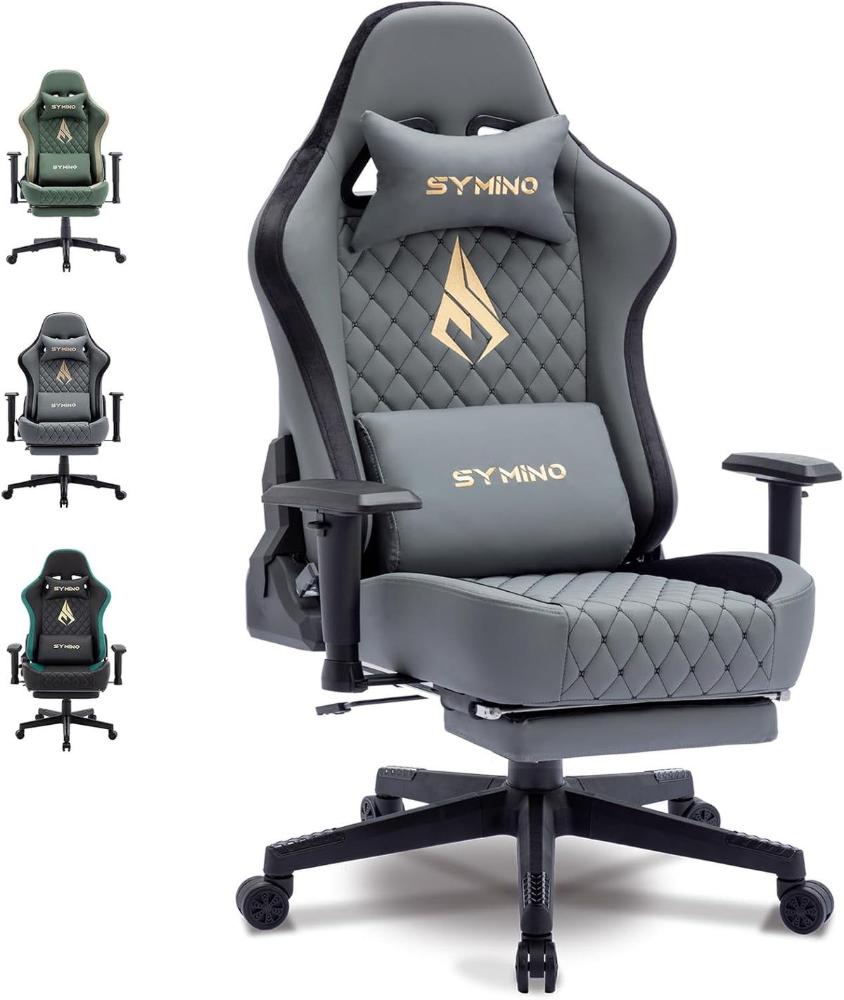 Symino Gamingstoel, ergonomische bureaustoel in racestijl, 200 kg belastbaarheid, verstelbare armleuningen, vintage PU-leer, gamingstoel met voetensteun, grijs