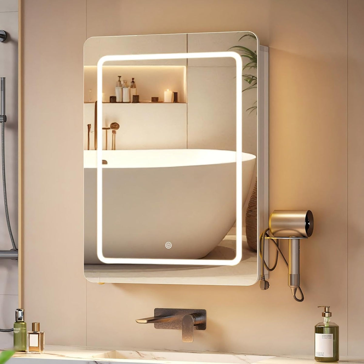 Hzuaneri MC30103XEU Spiegelkast voor badkamer, spiegelkast met 3 kleurtemperaturen, dimbaar, badkamerkast met spiegel en verstelbaar rek, 16,5 x 50 x 70 cm, wit
