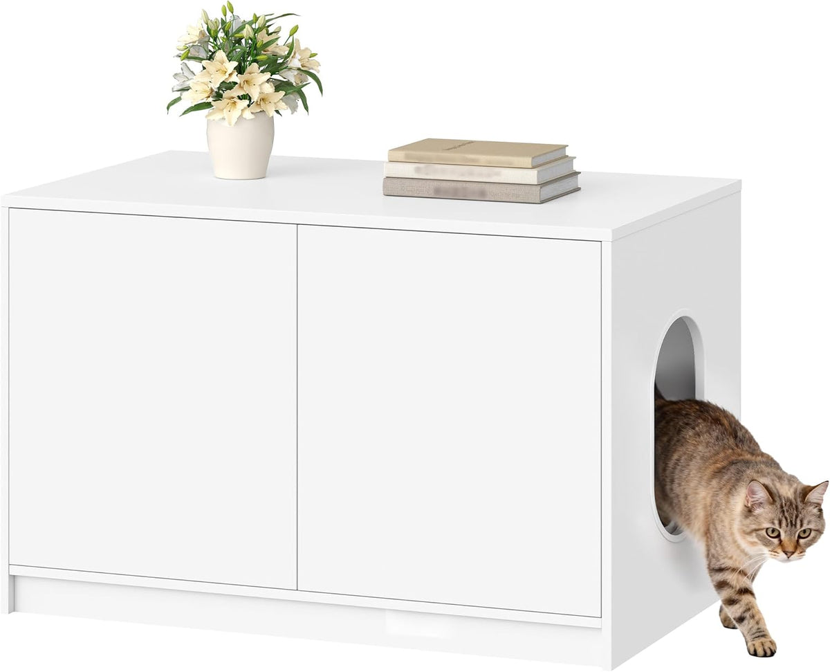 FOBYFURNY Kattenbak, verborgen kattenbak, meubel, kattenkast met drukdeuren en ventilatiegaten, minimalistisch kattenhuis, woonkamer, 80 x 50 x 51,5 cm, wit