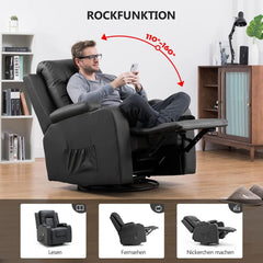 COMHOMA Relaxstoel, massagestoel, televisiestoel met ligfunctie, trillingsverwarming, dikke rugleuning en armleuningen, met kantelfunctie, 360 graden draaibaar, zwart