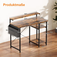 HLONONE Bureau, computertafel met led en monitorstandaard, pc-tafel met 2 planken en opbergtas voor werkkamer en slaapkamer, 100 x 48 x 74 cm, stabiel metalen frame, vintage bruin