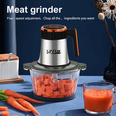 SPZTJK Foodprocessor, elektrische hakmolen met 5 snelheden, groentehakker en vleesmolen - 2 kommen (roestvrij staal van 240 ml + glazen kom van 240 ml), 300 W, 2 sets van 4 messen met twee niveaus voor groenten/fruit/vlees