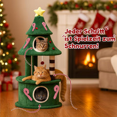 COMHOMA Krabpaal 135 cm hoog in kerstboomdesign, kattenboom met meerdere verdiepingen met kattenhuis, platforms en speelballen, stabiele klimboom voor katten, groen