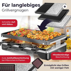 KESSER® Raclette-grill met natuurgrillsteen, grillplaat, tafelgrill voor 8 personen, elektrische grill, raclette grill, grillplaat, anti-aanbaklaag, 8 pannen en houten spatels, 1200 W