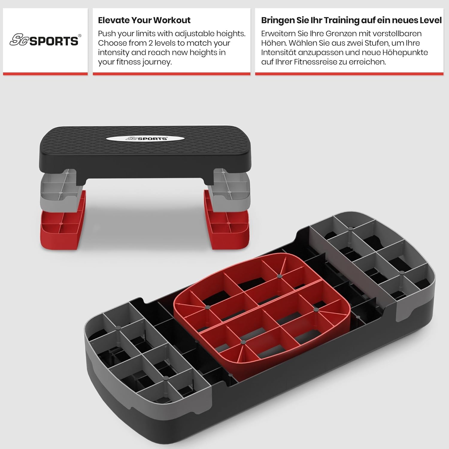 ScSPORTS® Stepper - in hoogte verstelbaar, 2 treden (10/15 cm), met mat, antislip, tot 120 kg, zwart - aerobic stepboard, stepboard voor thuis, fitness, full-body training