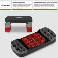 ScSPORTS® Stepper - in hoogte verstelbaar, 2 treden (10/15 cm), met mat, antislip, tot 120 kg, zwart - aerobic stepboard, stepboard voor thuis, fitness, full-body training