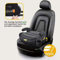 Jovikids Zitverhoger, auto, kinderen, met ISOFIX, ECE R129, kinderzitverhoging, 125-150 cm, verdikte stoffen bekleding en Isofix-invoerhulp, gemakkelijk wasbaar, zwart met bekerhouder