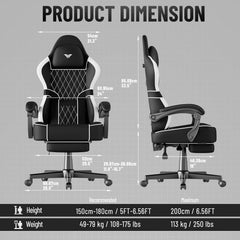 Ferghana Gaming stoel, ergonomisch, bureaustoel van stof, pvc-leer, gamerstoel met verstelbare hoofdsteun, lendenkussen, armleuningen, voetsteun, pc-stoel voor kantoor gaming (zwart/wit, pvc-leer)