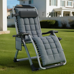 ST Zonnebed, inklapbaar, tuinligstoel, weerbestendig, met ergonomisch kussen, ligstoel voor in de tuin met nekkussen, bekerhouder, zijzak, strandstoel, verstelbare rugleuning, grijs