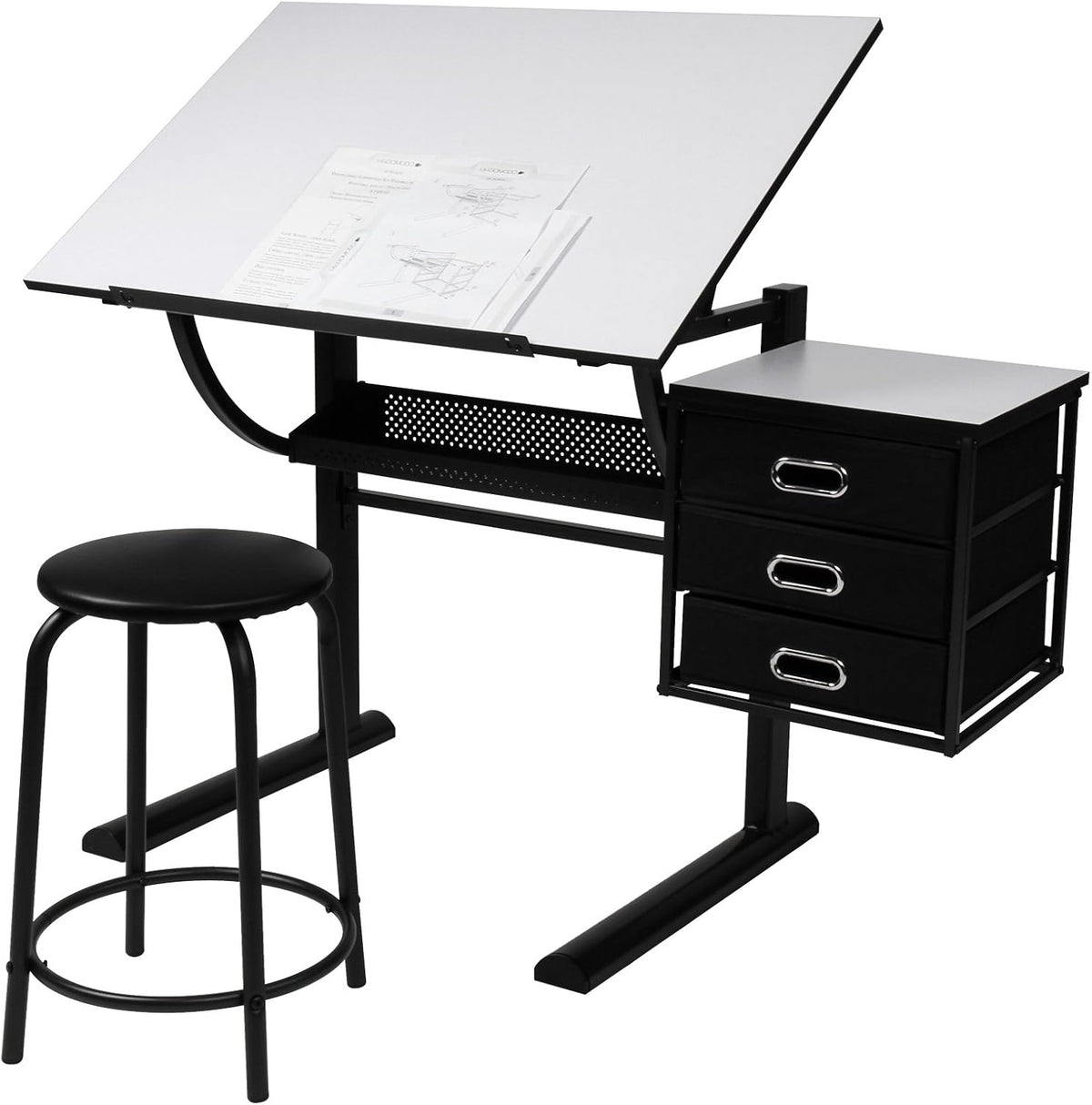 MIADOMODO® Tekentafel met kruk - tafelblad traploos kantelbaar, in hoogte verstelbaar, incl. kast met 3 laden, wit/zwart - bureau, werktafel, architectentafel