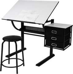 MIADOMODO® Tekentafel met kruk - tafelblad traploos kantelbaar, in hoogte verstelbaar, incl. kast met 3 laden, wit/zwart - bureau, werktafel, architectentafel