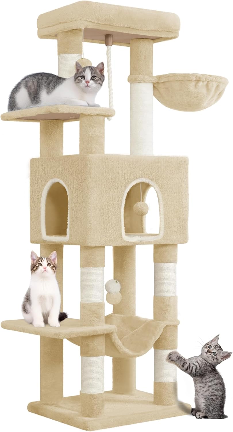 Hzuaneri MS14918YL Krabpaal, 149 cm kattenboom, kattenkrabpaal met 5 krabzuilen, grote platforms, verstophol, meerlaags kattenactiviteitscentrum, pompons, beige